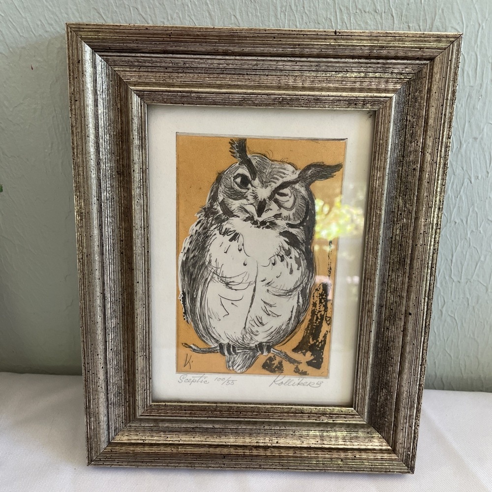 1968 William Kolliker "skeptic" Limited‎ Ed Matted Framed Etching Owls 100/55